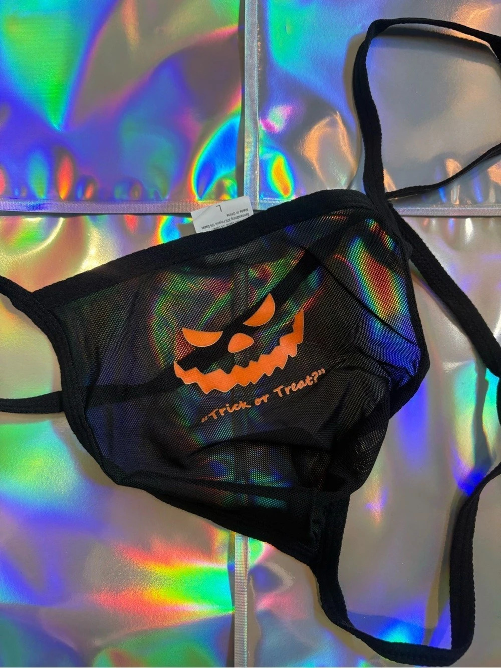 Brand New Men's Halloween Mesh Thong - "Trick or Treat" Pumpkin Print (Size L)
